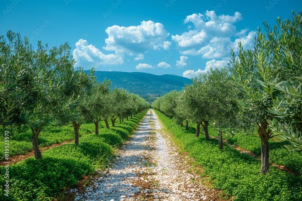 Olive Tree Grove: Rows of olive trees with silver-green leaves. 