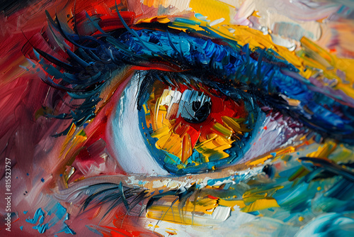 Conceptual abstract picture of the eye. Oil painting in colorful colors. Conceptual abstract closeup of an oil painting