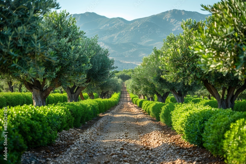 Olive Tree Grove: Rows of olive trees with silver-green leaves. Olive Tree Grove: Rows of olive trees with silver-green leaves.