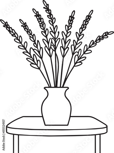 Bouquet of lavender flowers in vase on table. illustration.