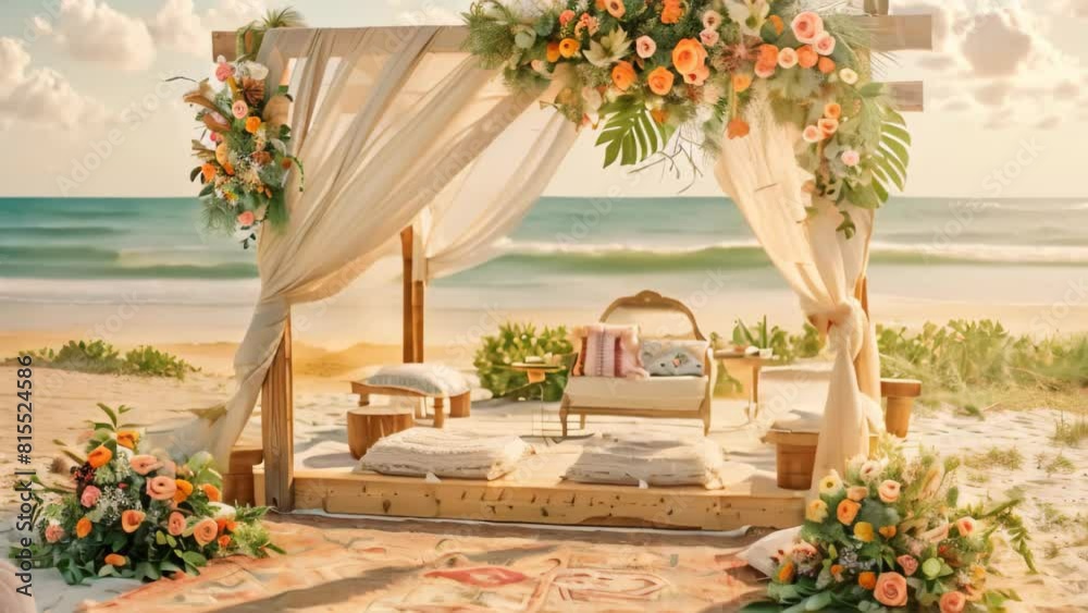 A bed placed on a sandy beach near the oceans edge, A beachside celebration with a bohemian vibe and flowing fabrics A bed placed on a sandy beach near the oceans edge, A beachside celebration with a bohemian vibe and flowing fabrics