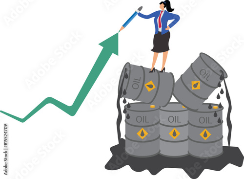 Oil price rising up with businesswoman standing on a pile of oil barrels drawing rising graph, crude oil commodity price growth after crisis, high demand or many industries that use gasoline