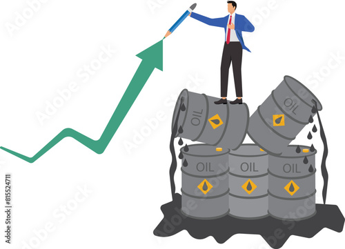 Oil price rising up with businessman standing on a pile of oil barrels drawing rising graph, crude oil commodity price growth after crisis, high demand or many industries that use gasoline