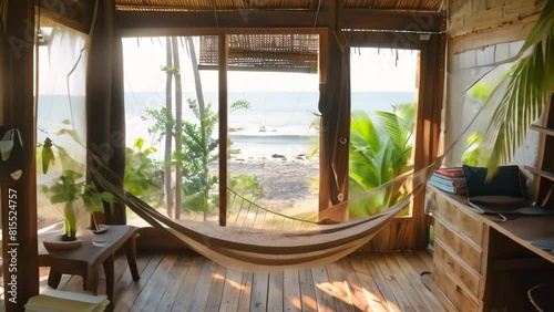 A hammock in a room with an ocean view, offering a relaxing spot for quick naps or moments of relaxation, A beachside office with a hammock for quick naps photo