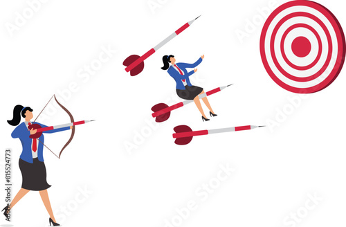 Change career path or difference direction with businesswoman riding the dart changed its flight direction towards business goals, change business strategy, leadership to choose a path to success