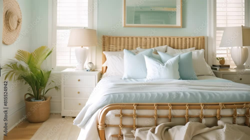 A bedroom featuring a wicker bed against white walls, creating a beachy and nautical ambiance, A beachy bedroom with nautical touches, a breezy color scheme, and rattan furniture A bedroom featuring a wicker bed against white walls, creating a beachy and nautical ambiance, A beachy bedroom with nautical touches, a breezy color scheme, and rattan furniture