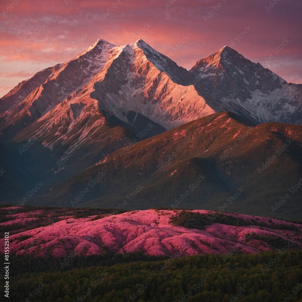 A stunning pink mountain range glowing in the light of the setting sun.

