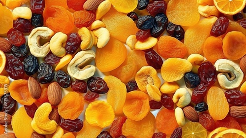 Background of dried fruits and nuts. Dried apricots, raisins, datescots. photo