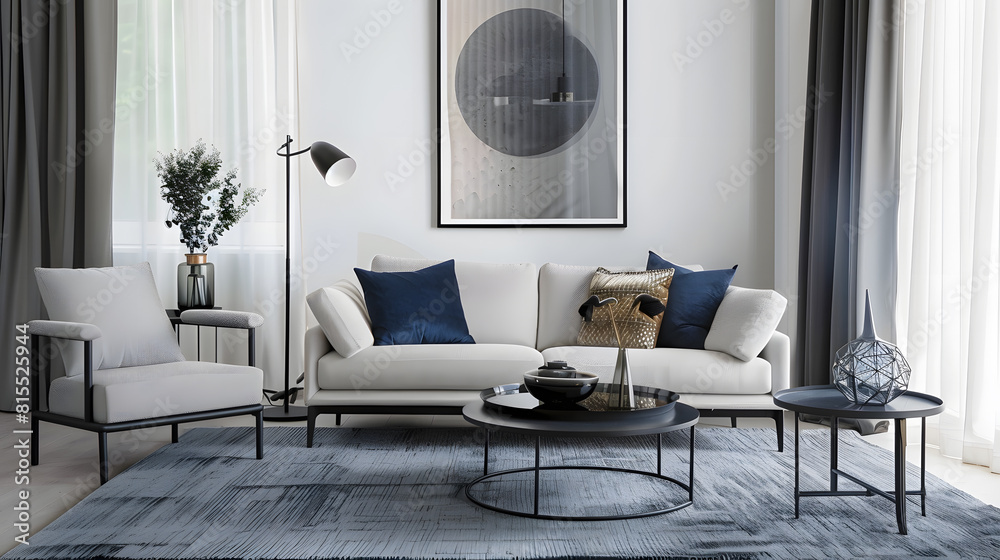 Creative composition of modern living room interior with mock up poster frame stylish glass coffee table blue pillow boucle sofa armchair round rug and personal accessories Home decor : Generative AI Creative composition of modern living room interior with mock up poster frame stylish glass coffee table blue pillow boucle sofa armchair round rug and personal accessories Home decor : Generative AI