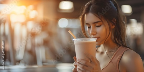 Young woman makes protein shake post workout at gym for fitness. Concept Healthy Lifestyle, Fitness Nutrition, Post Workout Shake, Gym Routine photo