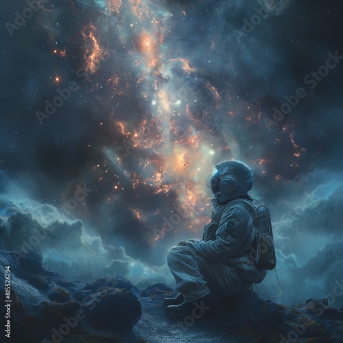 AI generated illustration of an astronaut admiring bright galaxy from a rock