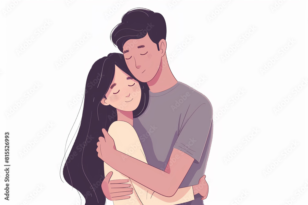 A tender hug as an Asian couple holds each other lovingly on a white background. A tender hug as an Asian couple holds each other lovingly on a white background.