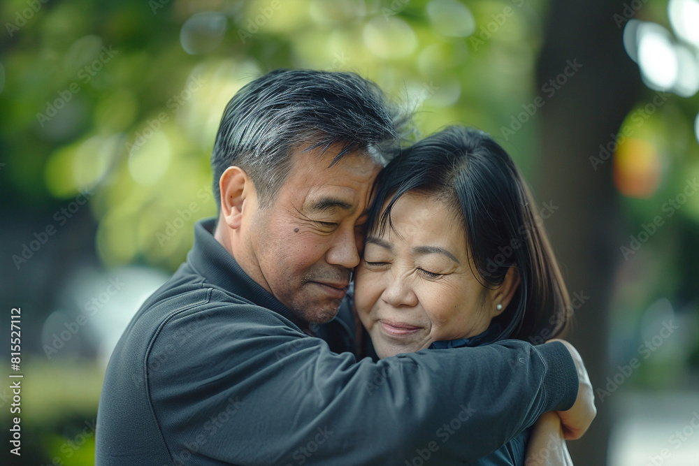 A tender hug between an Asian couple A tender hug between an Asian couple