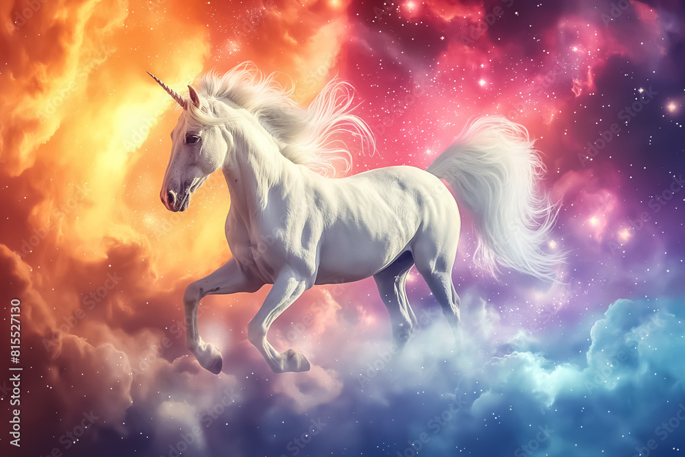 Beautiful white unicorn running in the sky above the cloud against colorful space background. Beautiful white unicorn running in the sky above the cloud against colorful space background.