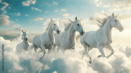 Beautiful white horses running over the cloud on blue sky background.