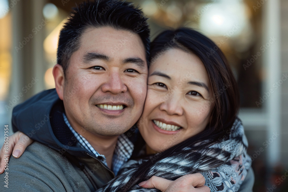 An Asian couple in a heartfelt hug An Asian couple in a heartfelt hug
