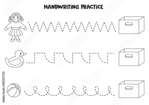 Tracing lines for kids with kids toys and box. Black and white worksheet. © Milya Shaykh