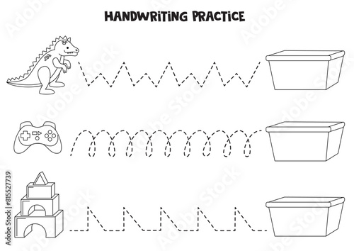 Tracing lines for kids with kids toys and box. Black and white worksheet.