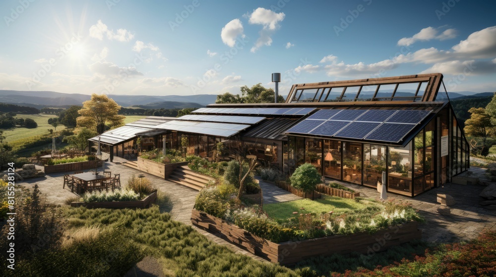 Artistic and educational design of a profitable green energy farm, with modern renewable energy sources and a thriving natural background Artistic and educational design of a profitable green energy farm, with modern renewable energy sources and a thriving natural background