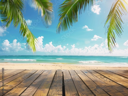 A wooden deck with palm trees  overlooking the beach under a cloudy sky