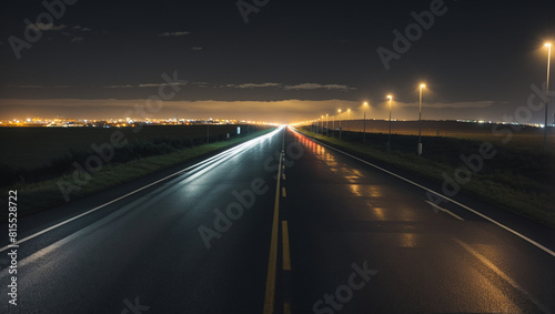 A long  straight road at night with yellow lines marking the center and white lines on either side.