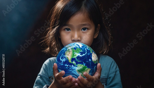 Child Holding the green planet Earth, environment concept for climate awareness