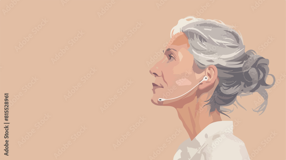 Mature woman with hearing aid on beige background wit