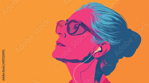 Mature woman with hearing aid on color background Vector
