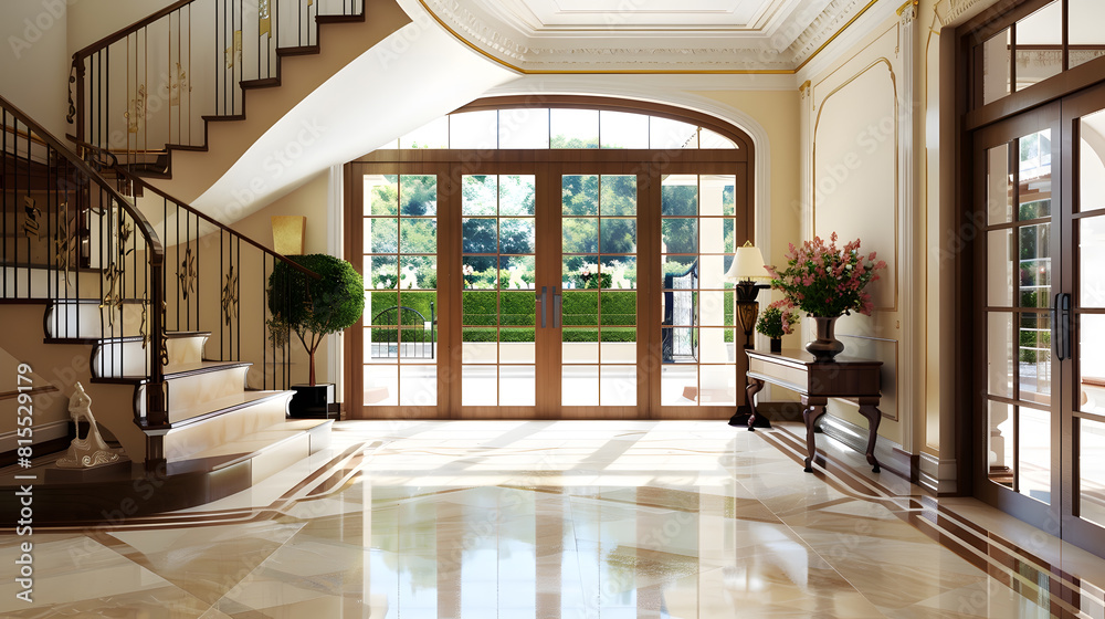 Welcoming entry interior with large wooden and glass doors hardwood and ...