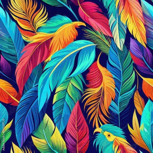 Seamless pattern of colorful parrot feathers in tropical hues  Generative AI