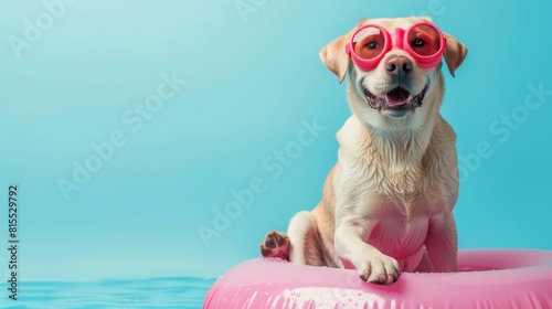 A dog wearing sunglasses and sitting on a red inflatable pool © itchaznong