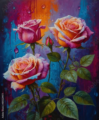 Painting of a bunch of vibrant blooming roses fragrant pink and orange flowers with a vivid multi-color background