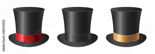 Set of top hat with black, gold and red silk ribbons. Transparent background. photo