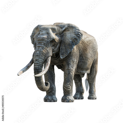 A large elephant with tusks stands on a white background