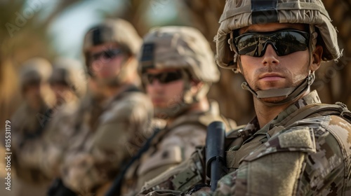 A soldier in the front with the others blurred in the background