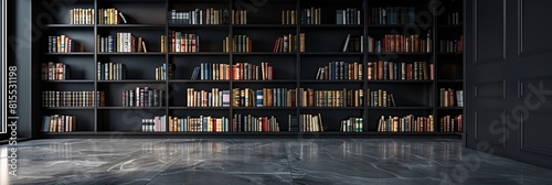 dark black library wall with many books, empty wooden floor.