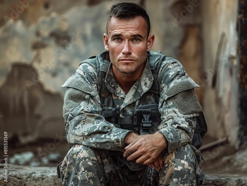 A young soldier sits on the ruins of a building, his face is sad and thoughtful. He is wearing a military uniform and a helmet. The background is blurred.