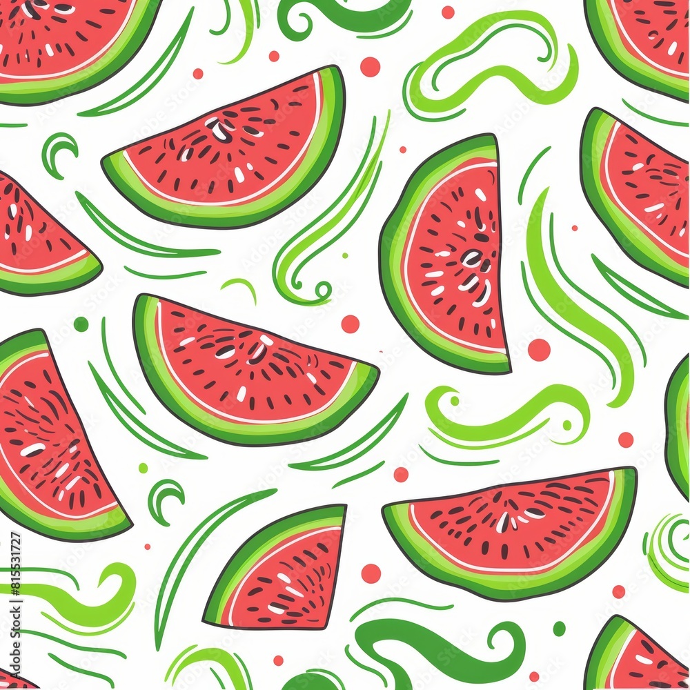 Hand-drawn watermelon slices and abstract green swirls on an isolated background, seamless pattern for eco-friendly textile design Hand-drawn watermelon slices and abstract green swirls on an isolated background, seamless pattern for eco-friendly textile design