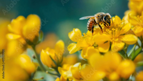 Honey bee and beautiful yellow flower, spring summer season, Wild nature landscape, banner, beauty in Nature. Honey bee on yellow flower collect pollen. Wild nature landscape, banner.  © DesveryRafnika