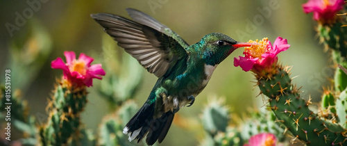 Panoramic Composition of Adult Male Broad Billed Hummingbird Feeding at Cactus Flower © DesveryRafnika