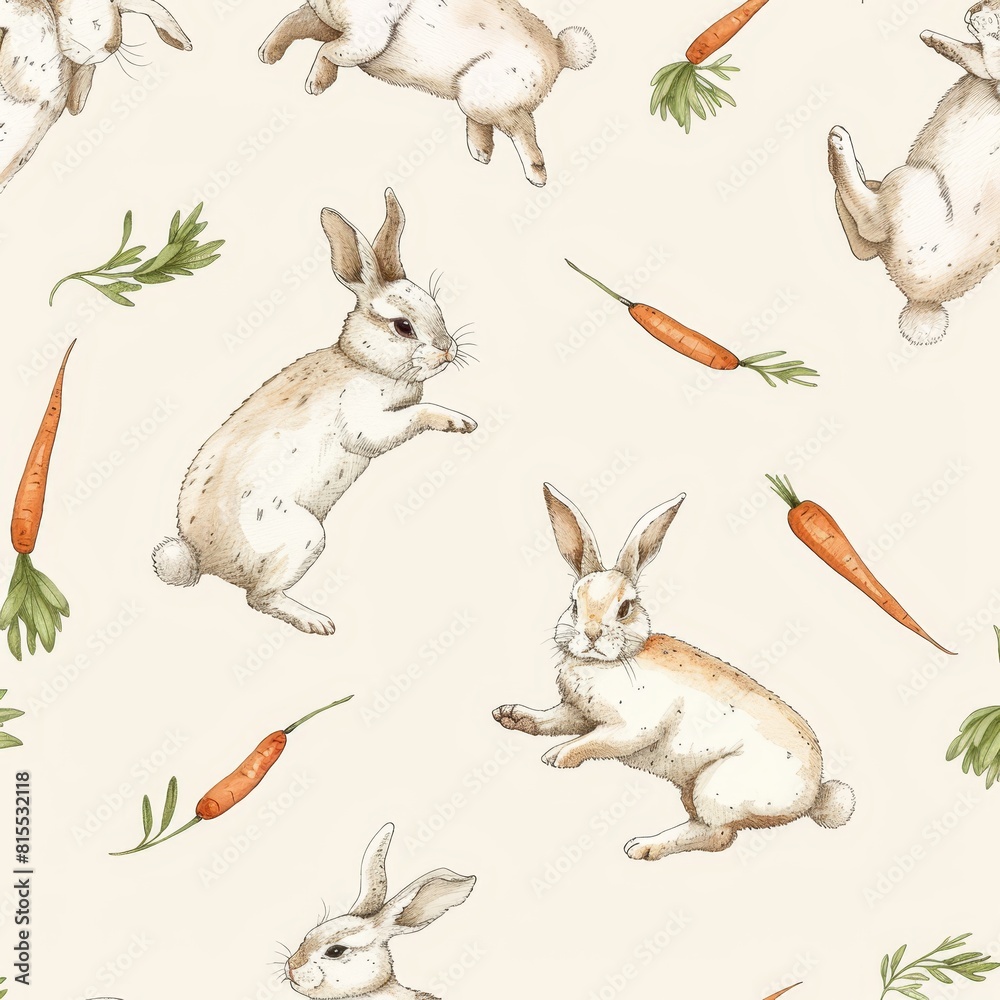 Playful and cute seamless pattern of jumping rabbits and flying carrots, illustrated with a hand-drawn, light-hearted approach Playful and cute seamless pattern of jumping rabbits and flying carrots, illustrated with a hand-drawn, light-hearted approach