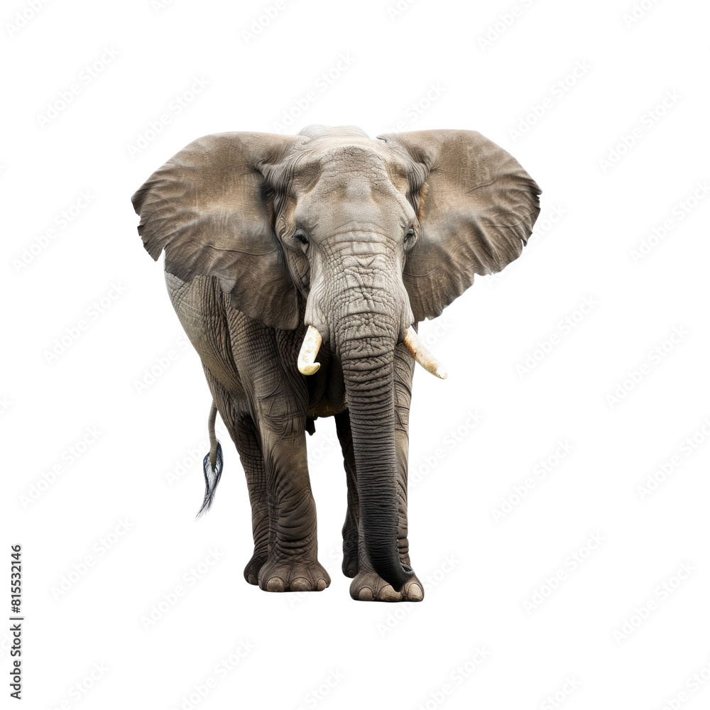 A large elephant with tusks stands in front of a white background