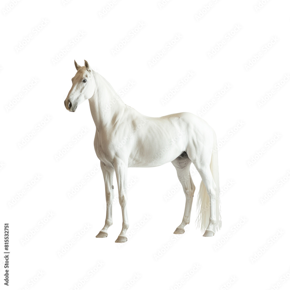 A white horse stands alone on a white background