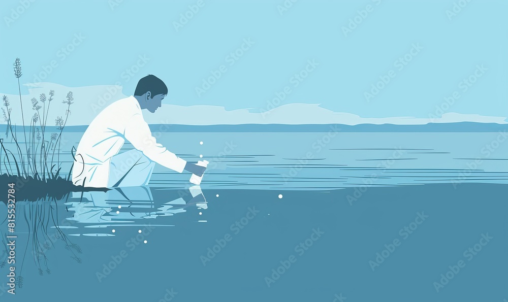 Naklejka premium scientist in a white coat crouches by the water