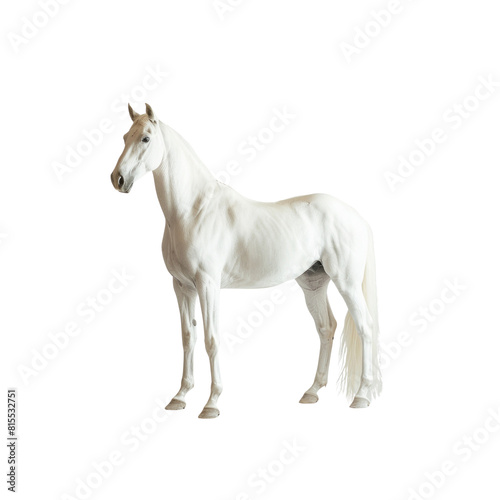 A white horse stands alone on a white background
