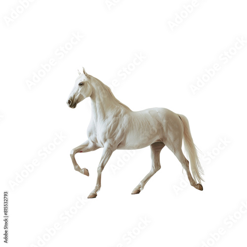 A white horse is running on a white background