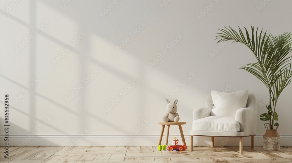 Obraz premium A minimalist room with a light wooden floor and white walls, an armchair, a small table, and toys on the floor. And there are trees in front,Generative AI illustration.