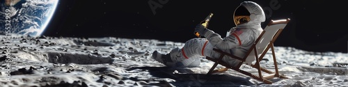 Astronaut sitting a chair on moon and drinking beer, font of looking earth generated by ai.