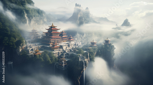 Majestic buddhist temple nestled in misty mountain
