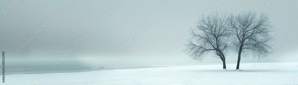 A beautiful winter landscape with two trees in the foreground and a frozen lake in the background A beautiful winter landscape with two trees in the foreground and a frozen lake in the background